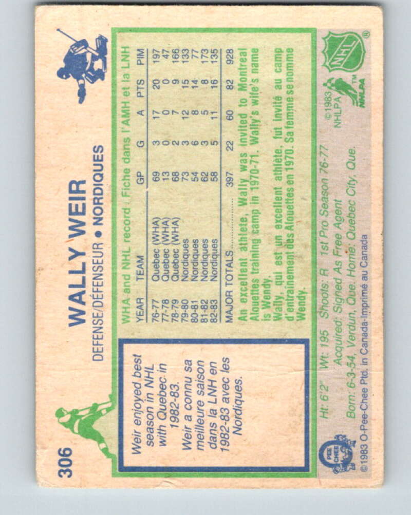 1983-84 O-Pee-Chee #306 Wally Weir  Quebec Nordiques  V27741