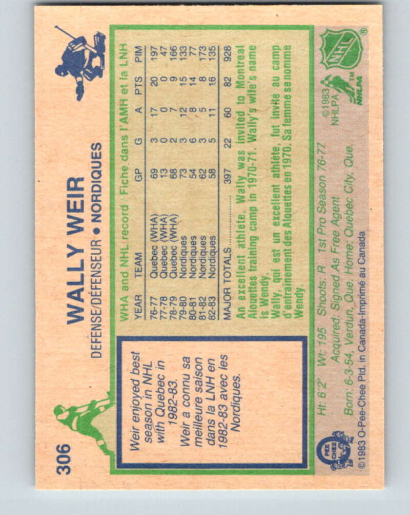 1983-84 O-Pee-Chee #306 Wally Weir  Quebec Nordiques  V27746