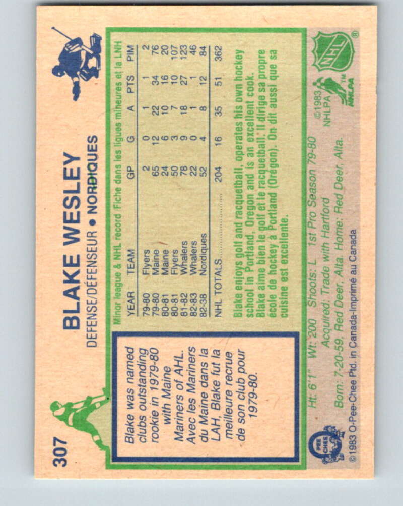 1983-84 O-Pee-Chee #307 Blake Wesley UER  Quebec Nordiques  V27747