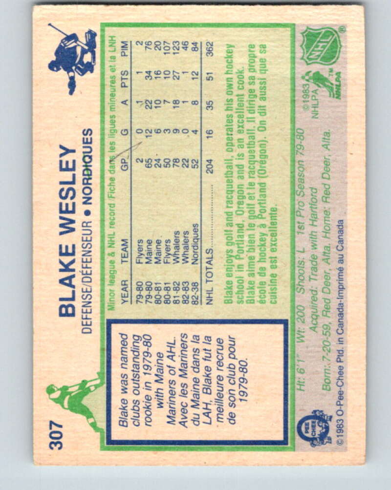 1983-84 O-Pee-Chee #307 Blake Wesley UER  Quebec Nordiques  V27748