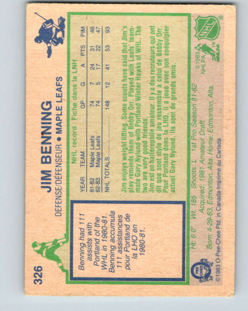1983-84 O-Pee-Chee #326 Jim Benning  Toronto Maple Leafs  V27814