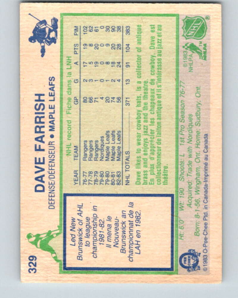 1983-84 O-Pee-Chee #329 Dave Farrish  Toronto Maple Leafs  V27823