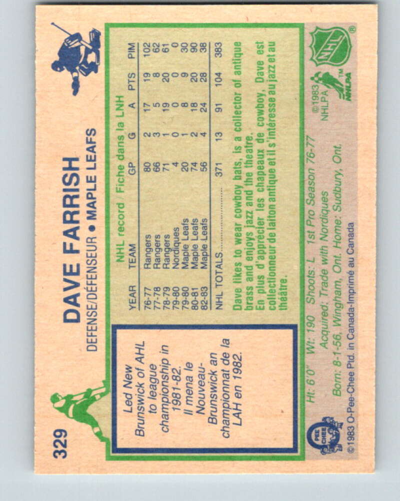 1983-84 O-Pee-Chee #329 Dave Farrish  Toronto Maple Leafs  V27826
