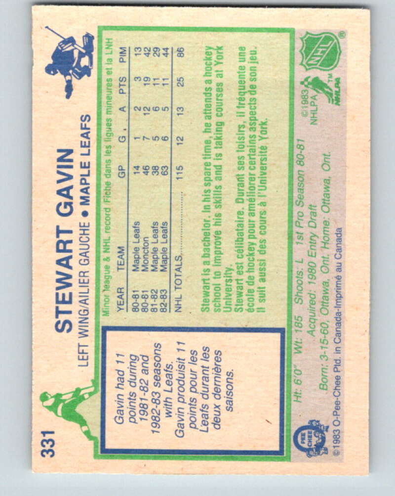 1983-84 O-Pee-Chee #331 Stewart Gavin RC Rookie Maple Leafs  V27832