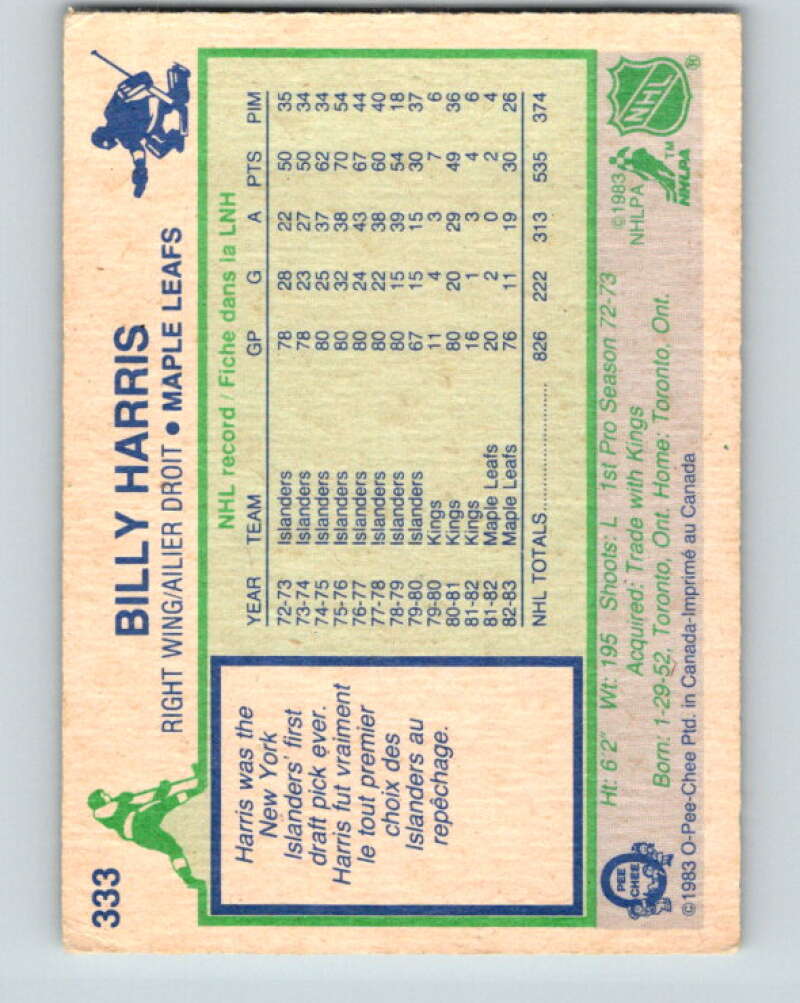 1983-84 O-Pee-Chee #333 Billy Harris  Toronto Maple Leafs  V27838