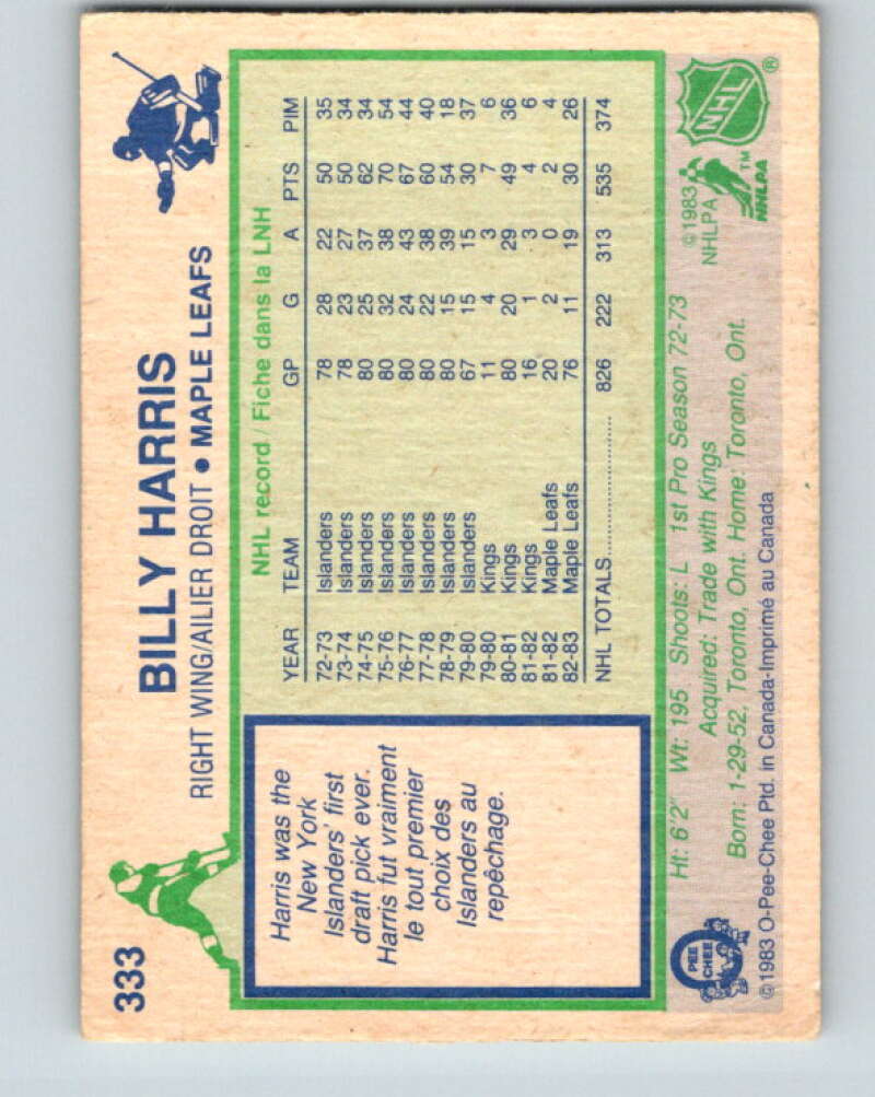 1983-84 O-Pee-Chee #333 Billy Harris  Toronto Maple Leafs  V27839