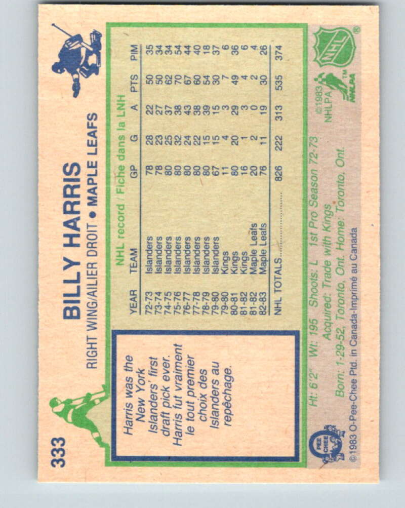 1983-84 O-Pee-Chee #333 Billy Harris  Toronto Maple Leafs  V27840