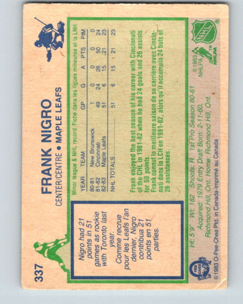 1983-84 O-Pee-Chee #337 Frank Nigro RC Rookie Maple Leafs  V27851