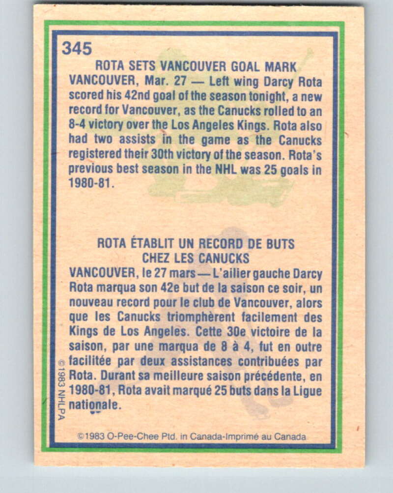 1983-84 O-Pee-Chee #345 Darcy Rota HL  Vancouver Canucks  V27873