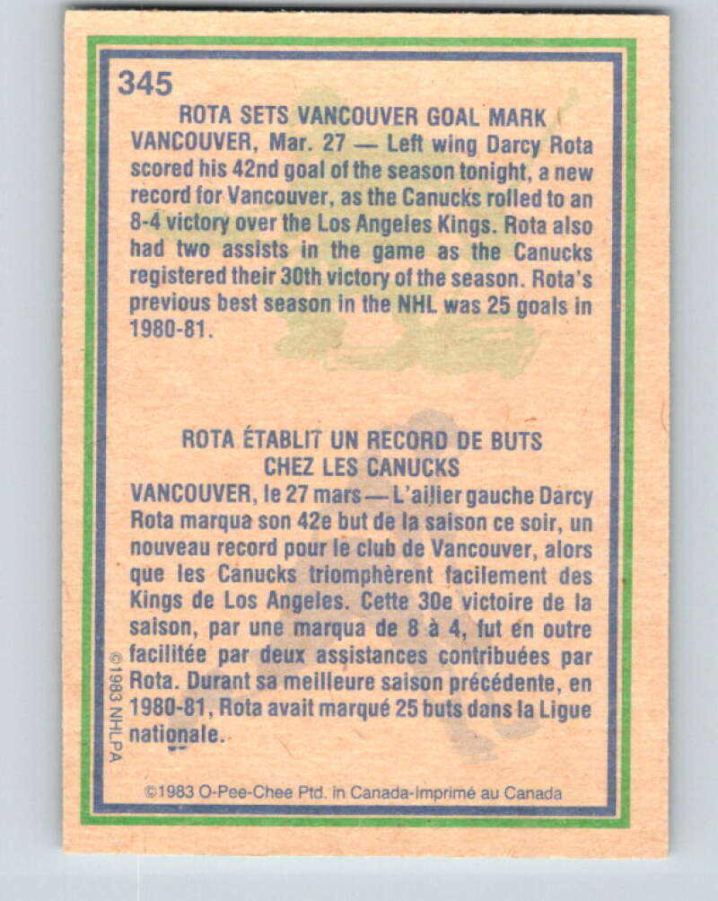 1983-84 O-Pee-Chee #345 Darcy Rota HL  Vancouver Canucks  V27874