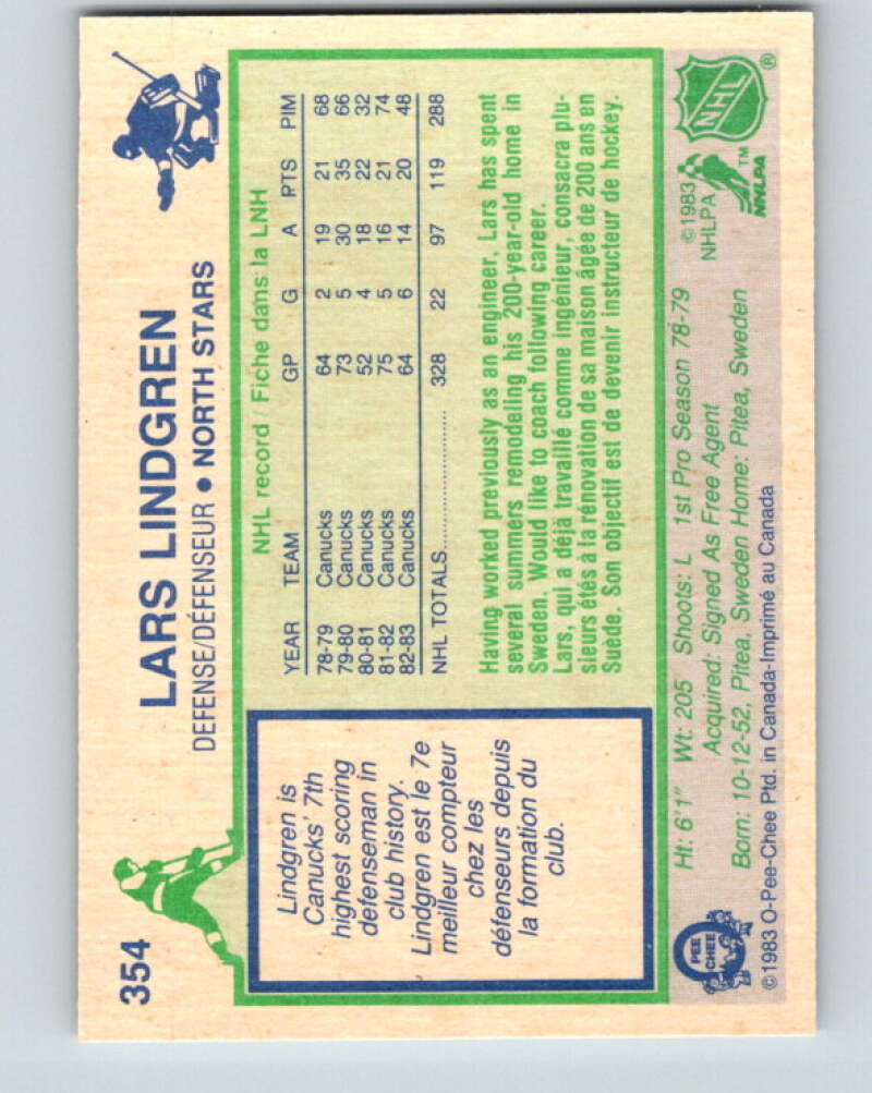 1983-84 O-Pee-Chee #354 Lars Lindgren  Minnesota North Stars  V27907