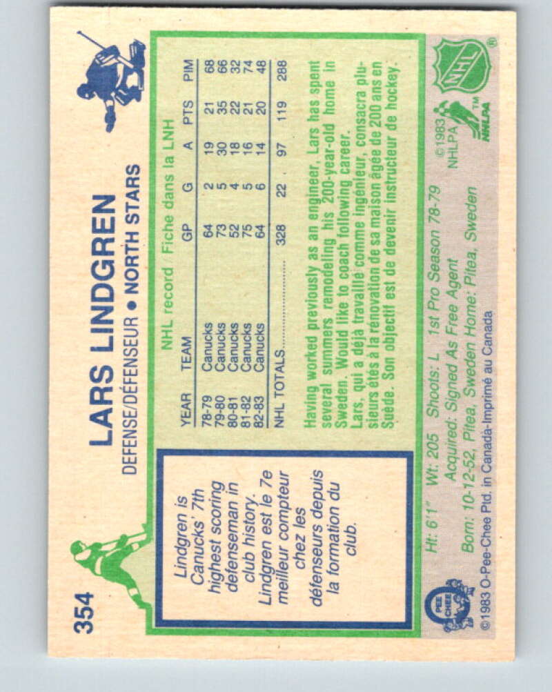 1983-84 O-Pee-Chee #354 Lars Lindgren  Minnesota North Stars  V27908