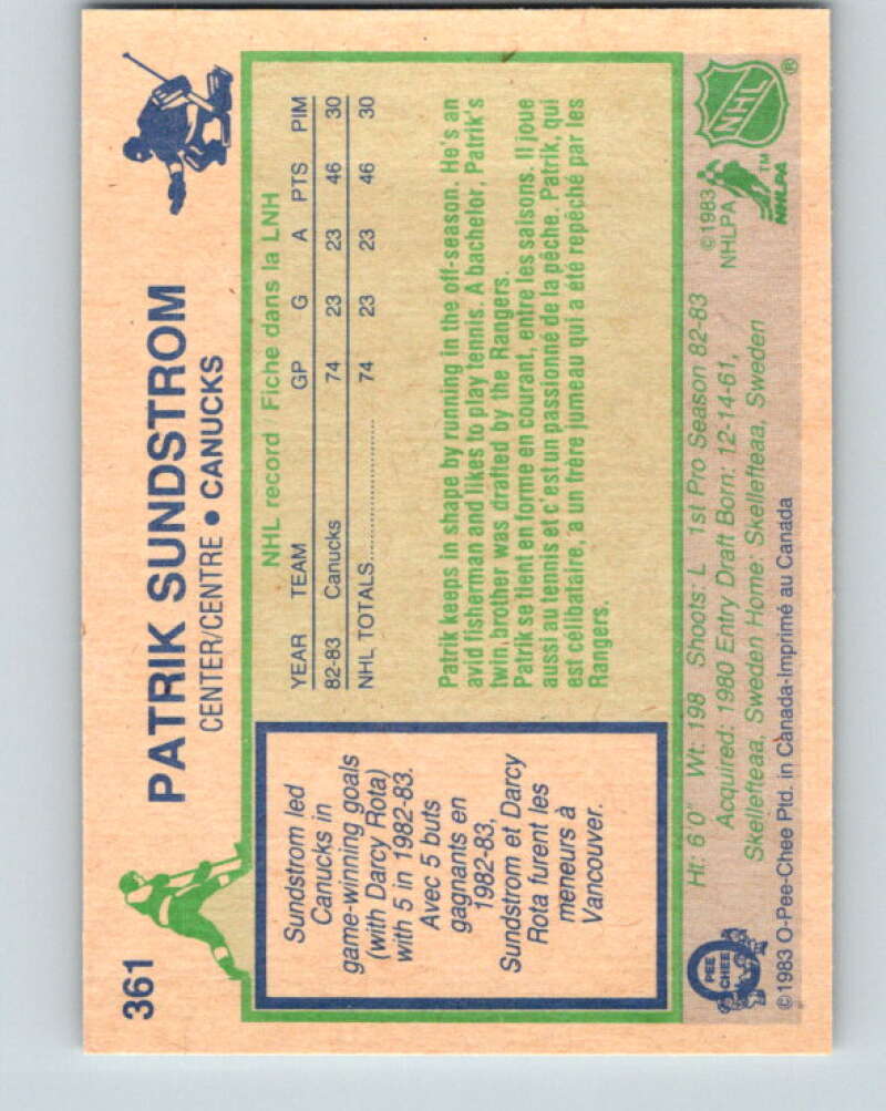 1983-84 O-Pee-Chee #361 Patrik Sundstrom RC Rookie Canucks  V27939