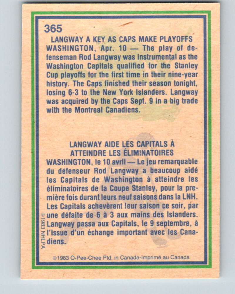 1983-84 O-Pee-Chee #365 Rod Langway HL  Washington Capitals  V27953