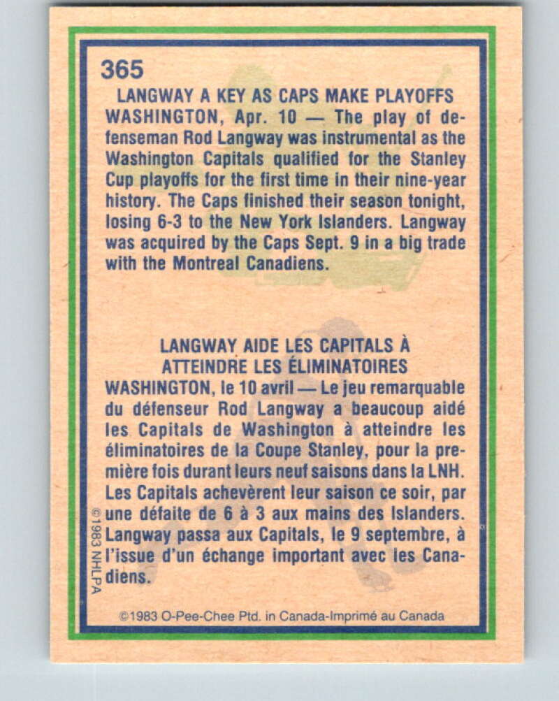 1983-84 O-Pee-Chee #365 Rod Langway HL  Washington Capitals  V27954