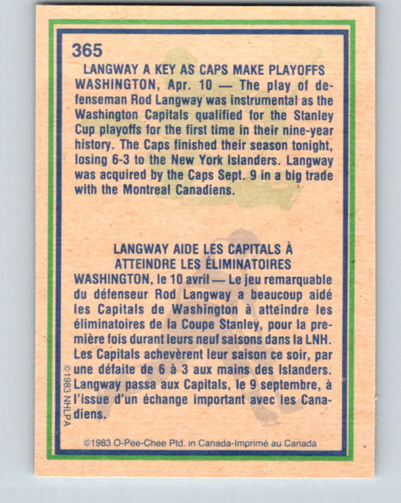 1983-84 O-Pee-Chee #365 Rod Langway HL  Washington Capitals  V27955