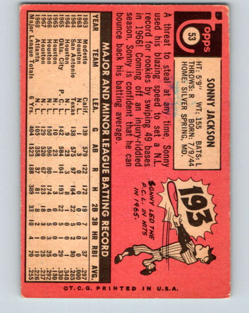 1969 Topps #53 Sonny Jackson  Atlanta Braves  V28522