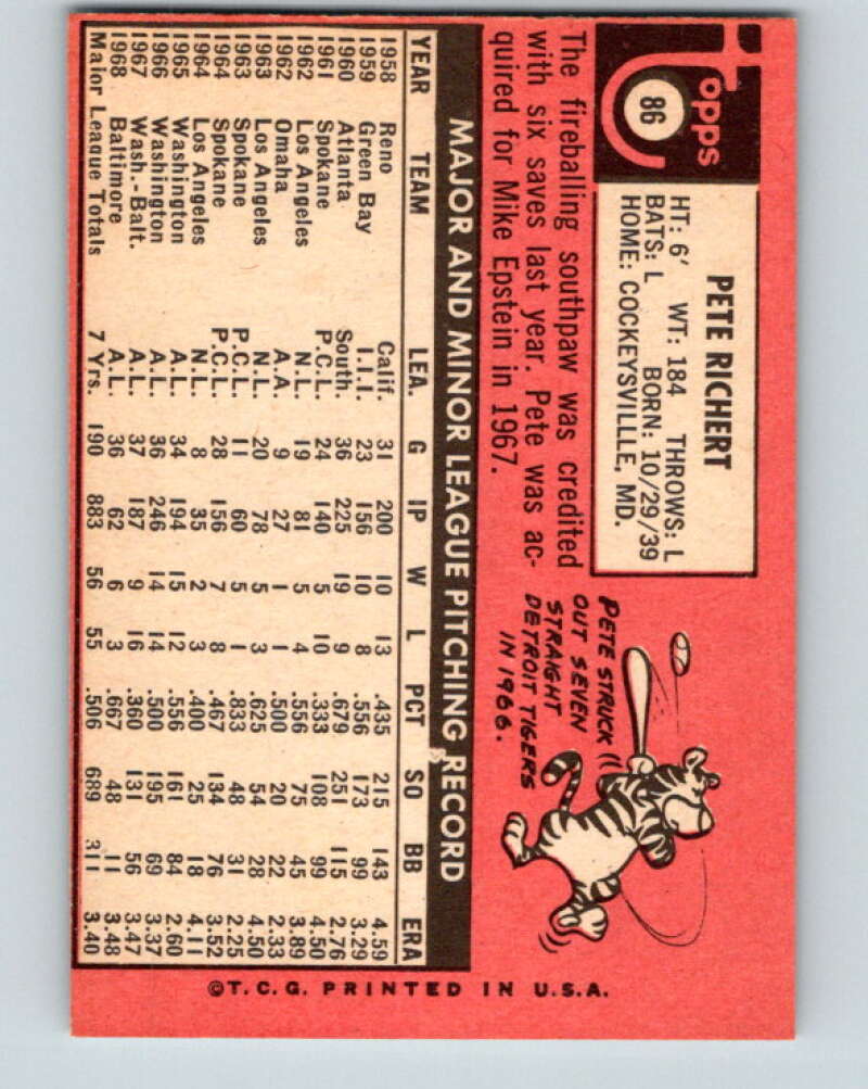 1969 Topps #86 Pete Richert  Baltimore Orioles  V28536