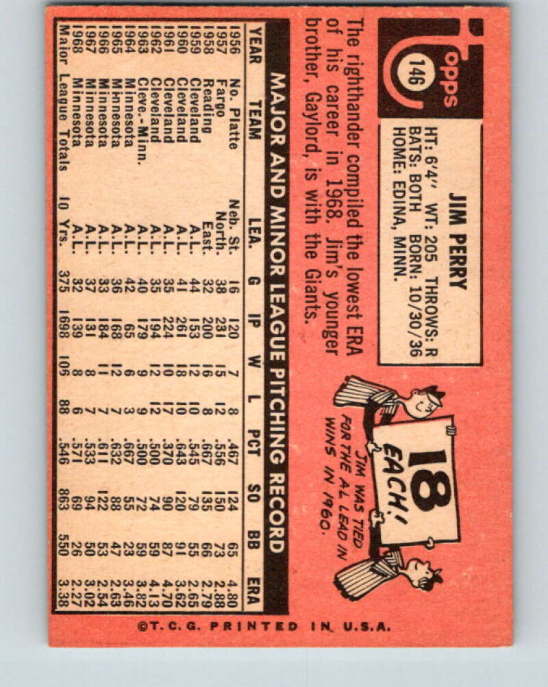 1969 Topps #146 Jim Perry  Minnesota Twins  V28558