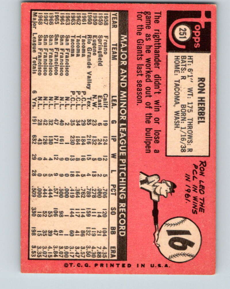 1969 Topps #251 Ron Herbel  San Francisco Giants  V28606