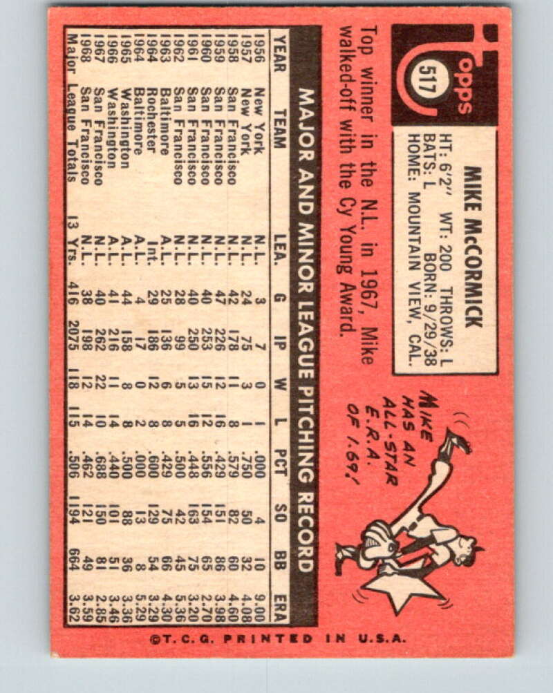 1969 Topps #517 Mike McCormick  San Francisco Giants  V28743