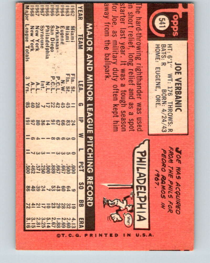 1969 Topps #541 Joe Verbanic  New York Yankees  V28753