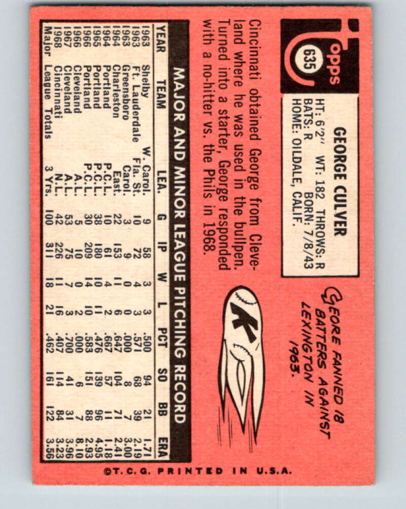 1969 Topps #635 George Culver  Cincinnati Reds  V28776