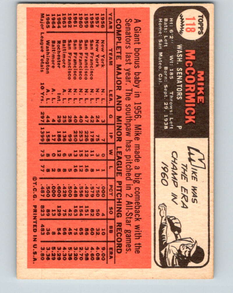 1966 Topps #118 Mike McCormick  Washington Senators  V28803
