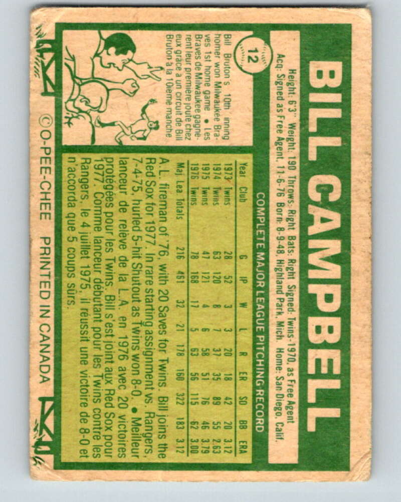 1977 O-Pee-Chee #12 Bill Campbell  Boston Red Sox  V28835