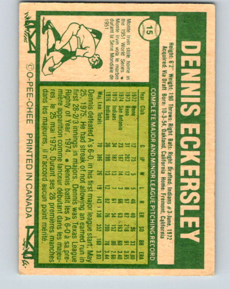 1977 O-Pee-Chee #15 Dennis Eckersley  Cleveland Indians  V28839