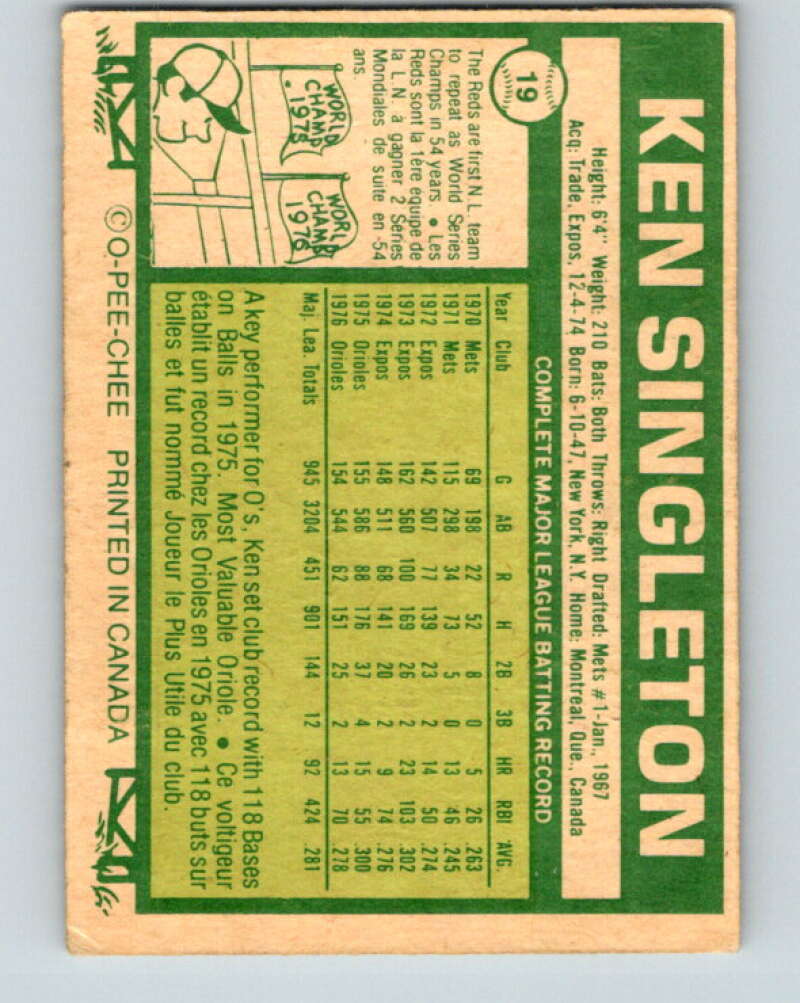 1977 O-Pee-Chee #19 Ken Singleton  Baltimore Orioles  V28847
