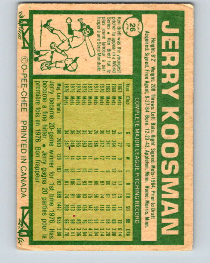 1977 O-Pee-Chee #26 Jerry Koosman  New York Mets  V28864