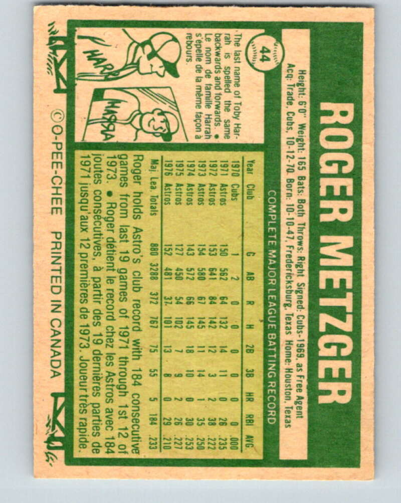 1977 O-Pee-Chee #44 Roger Metzger  Houston Astros  V28901