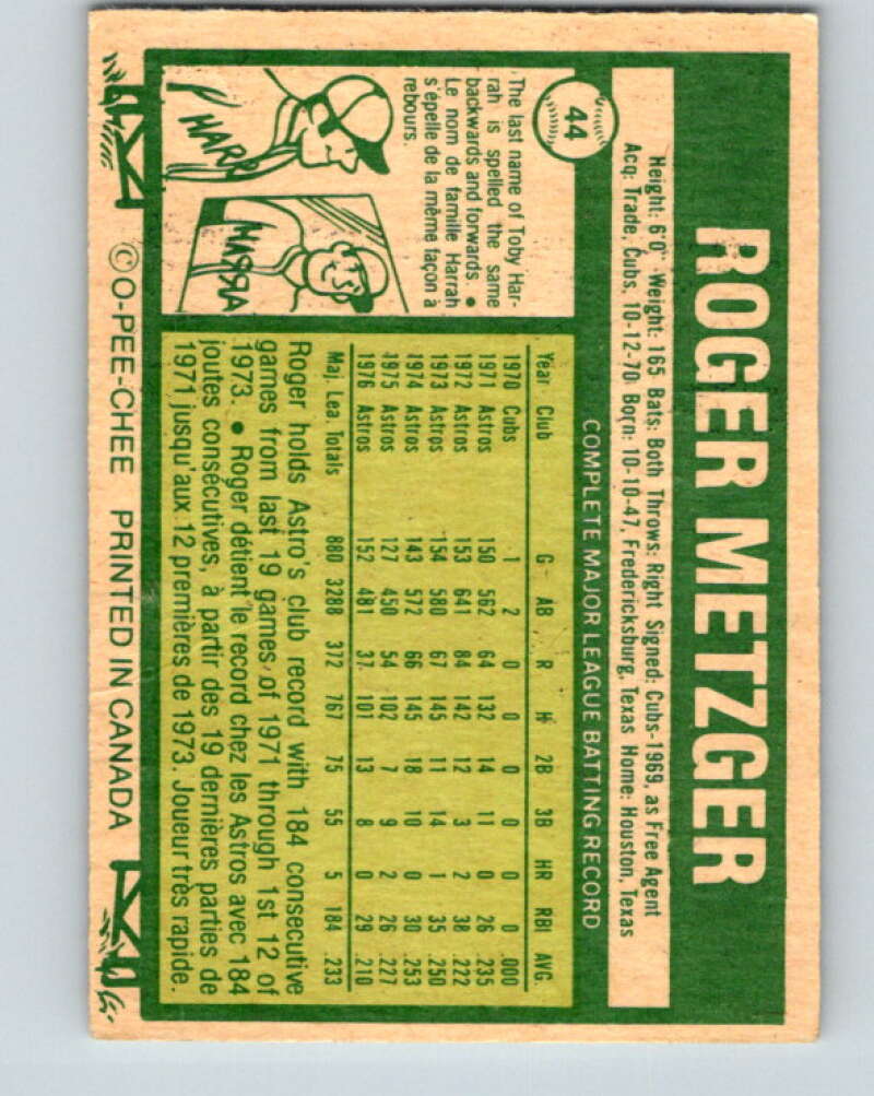 1977 O-Pee-Chee #44 Roger Metzger  Houston Astros  V28904