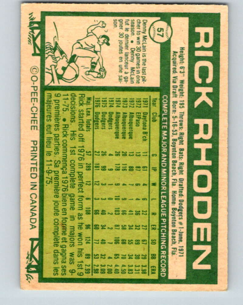 1977 O-Pee-Chee #57 Rick Rhoden  Los Angeles Dodgers  V28932