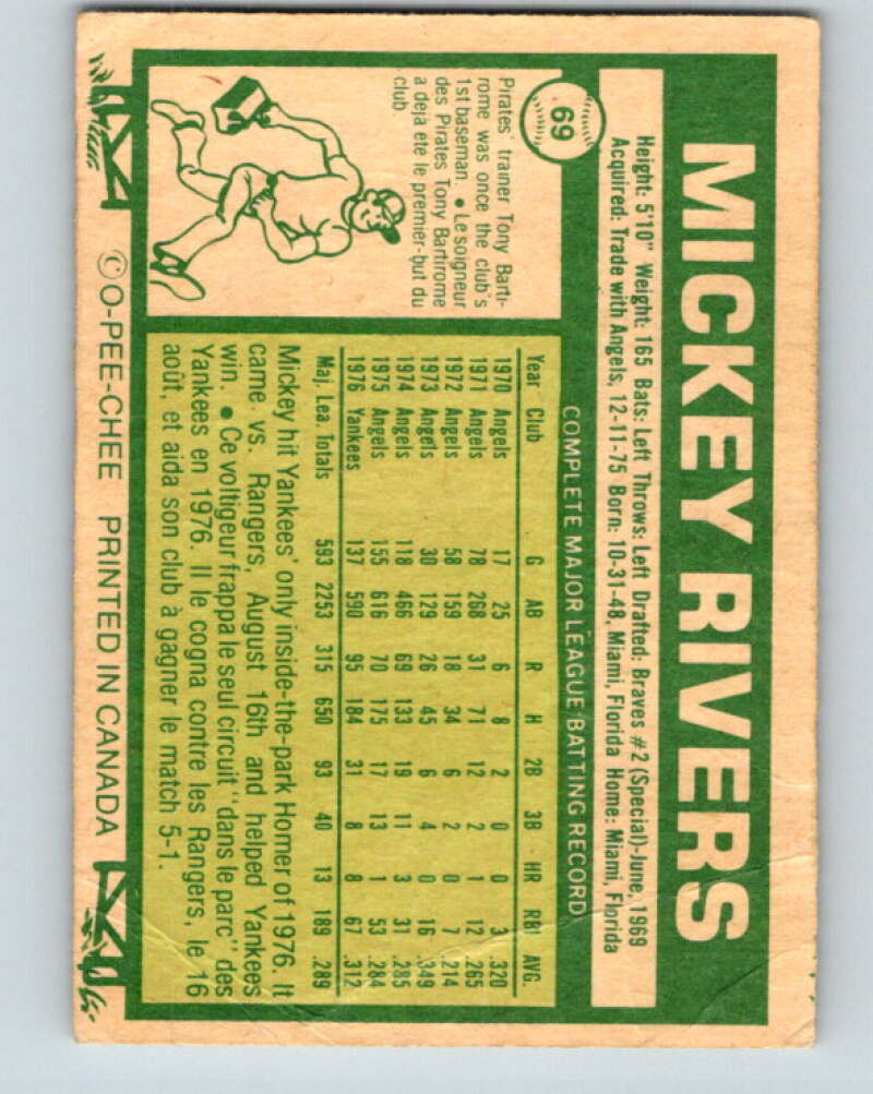 1977 O-Pee-Chee #69 Mickey Rivers  New York Yankees  V28949