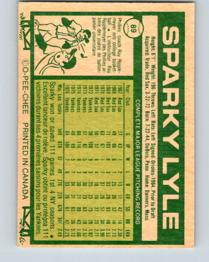 1977 O-Pee-Chee #89 Sparky Lyle  New York Yankees  V28997