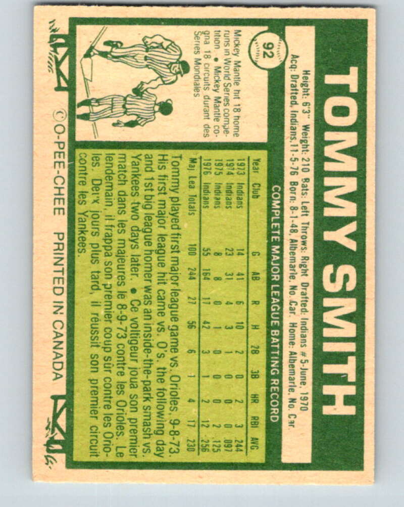 1977 O-Pee-Chee #92 Tommy Smith  Seattle Mariners  V29001