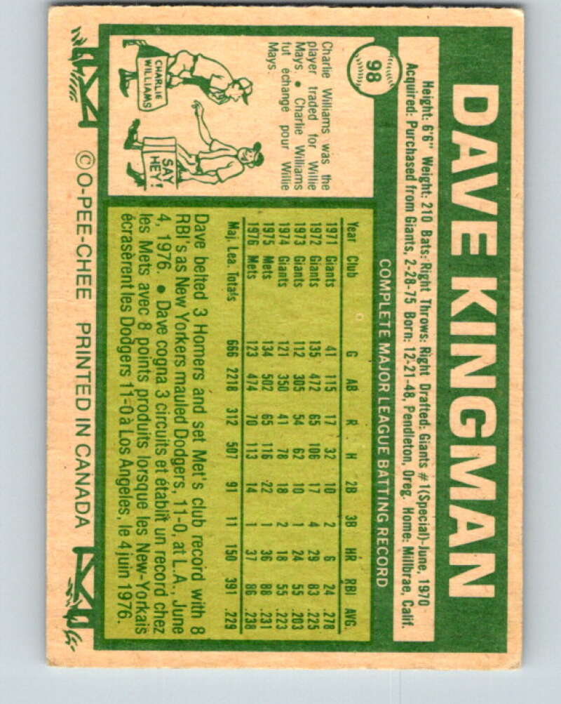 1977 O-Pee-Chee #98 Dave Kingman  New York Mets  V29011