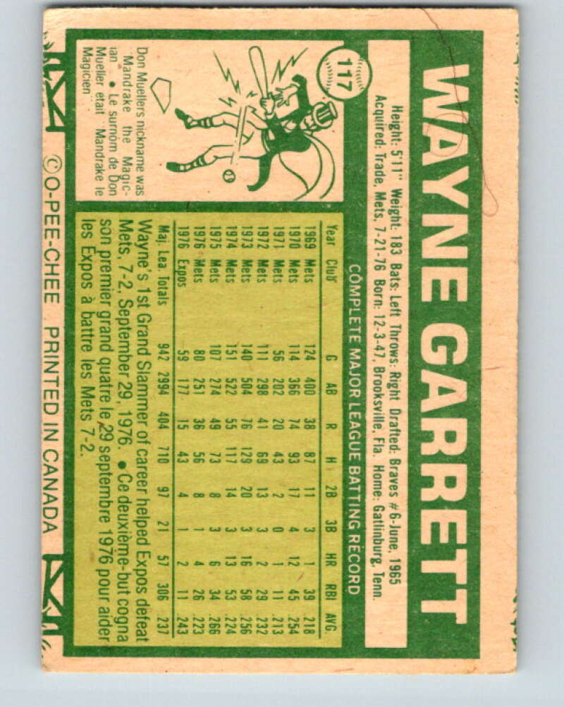 1977 O-Pee-Chee #117 Wayne Garrett  Montreal Expos  V29043