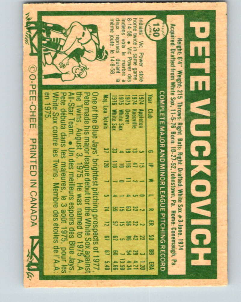 1978 O-Pee-Chee #130 Pete Vuckovich  RC Rookie Blue Jays  V29070