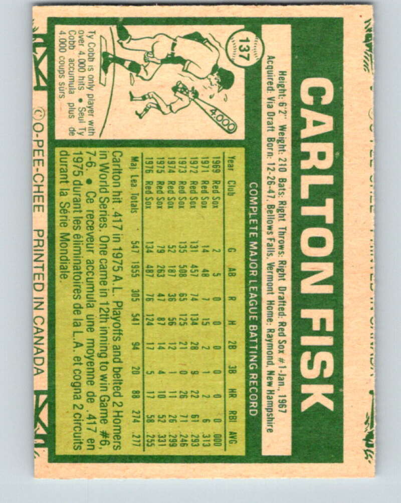 1977 O-Pee-Chee #137 Carlton Fisk  Boston Red Sox  V29089