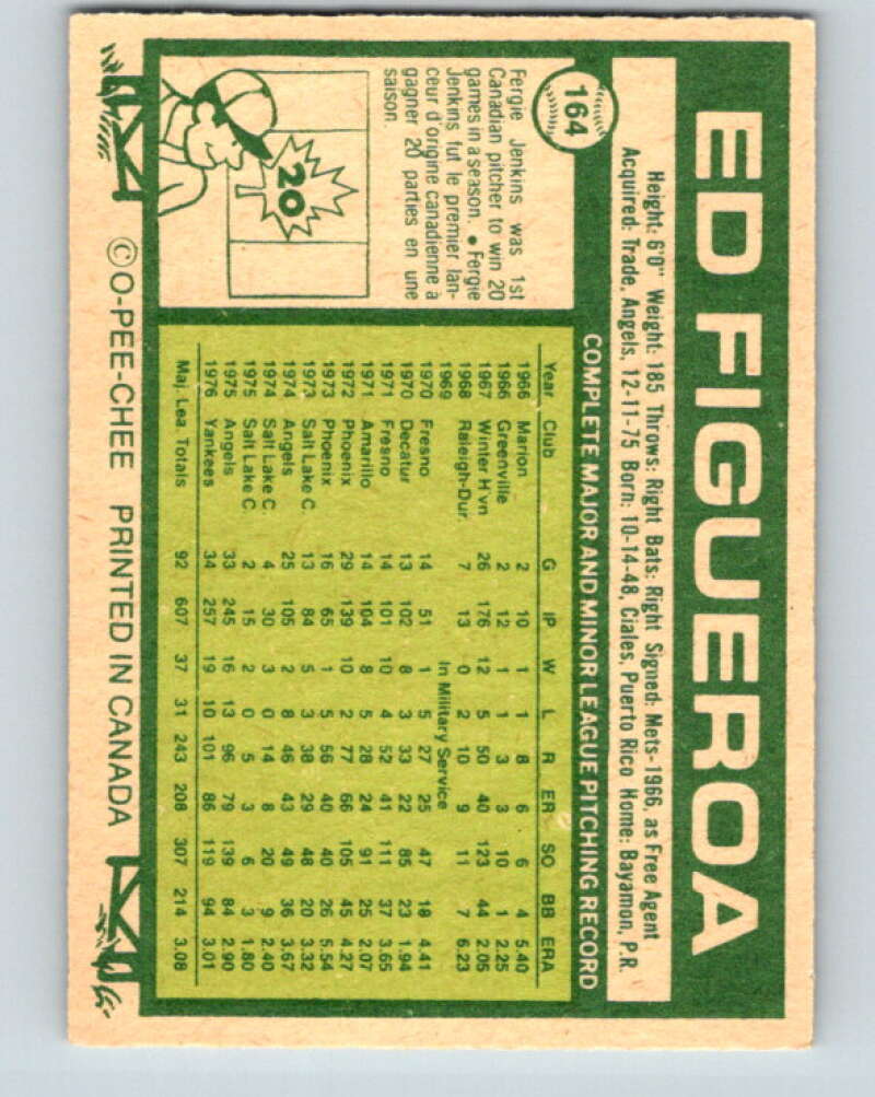 1977 O-Pee-Chee #164 Ed Figueroa  New York Yankees  V29148