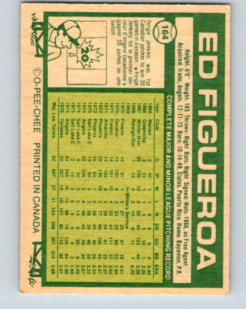 1977 O-Pee-Chee #164 Ed Figueroa  New York Yankees  V29149