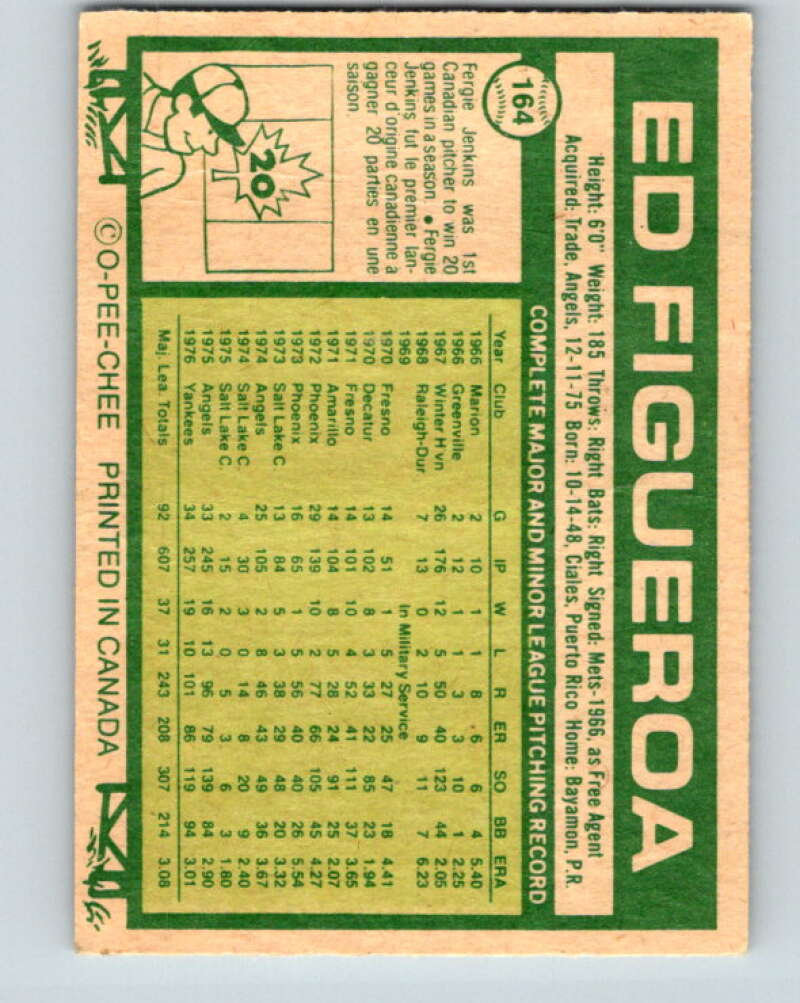 1977 O-Pee-Chee #164 Ed Figueroa  New York Yankees  V29150
