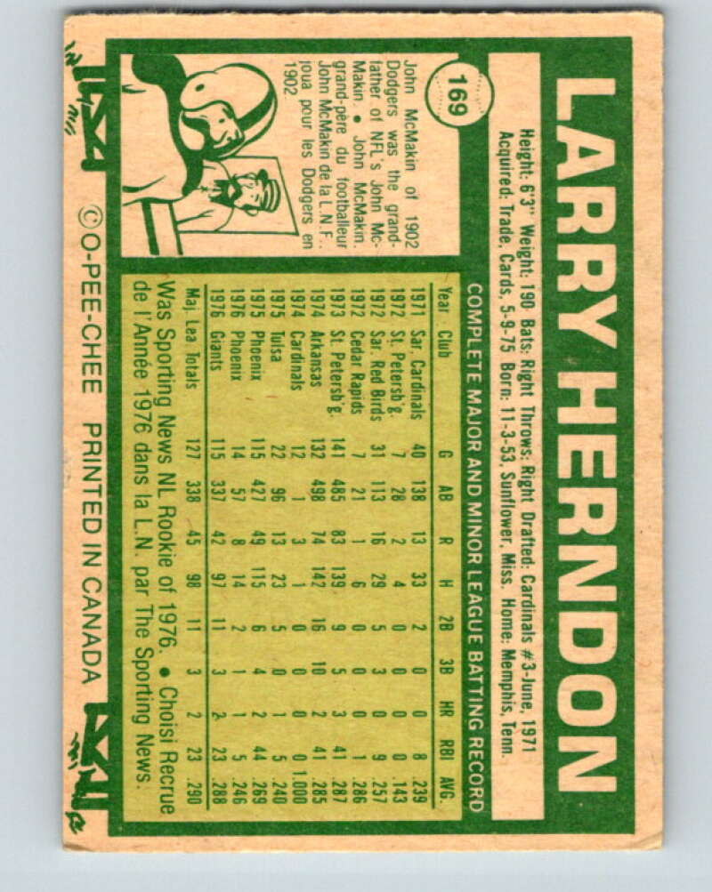 1978 O-Pee-Chee #169 Larry Herndon  RC Rookie Giants  V29162