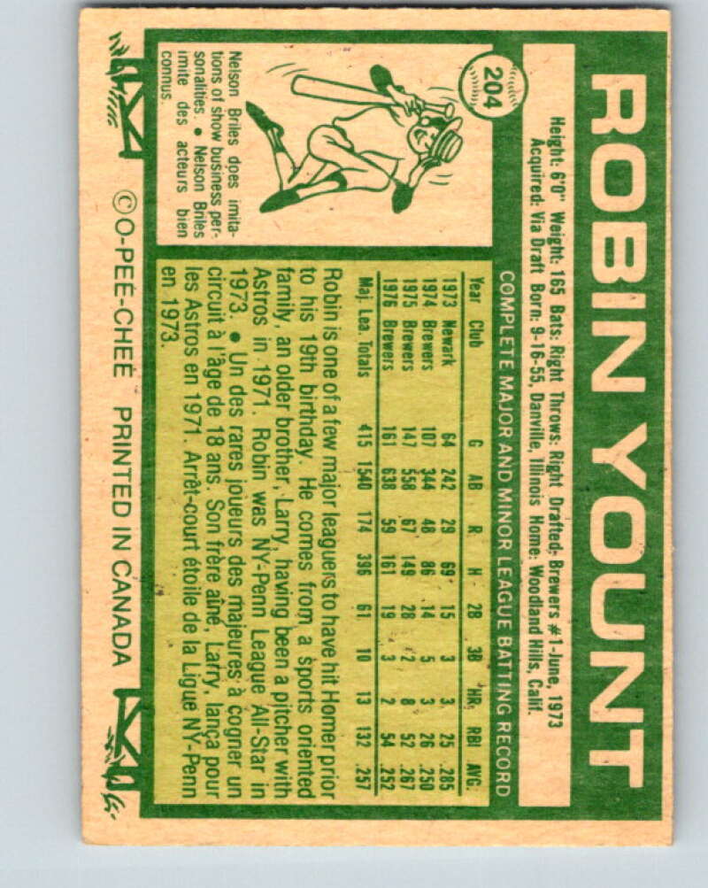 1977 O-Pee-Chee #204 Robin Yount  Milwaukee Brewers  V29231