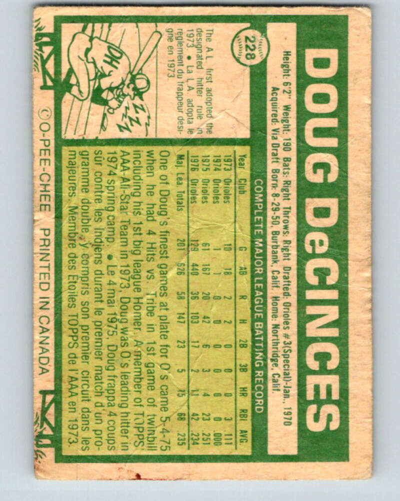 1977 O-Pee-Chee #228 Doug DeCinces  Baltimore Orioles  V29291