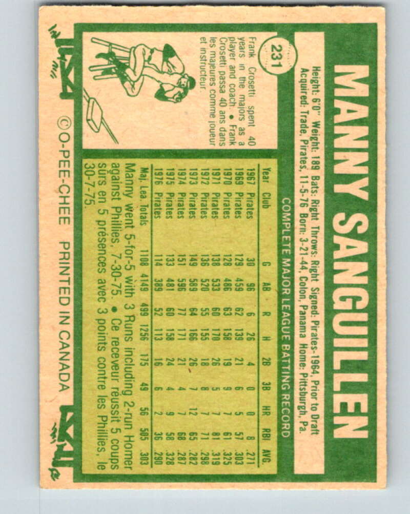 1977 O-Pee-Chee #231 Manny Sanguillen  Oakland Athletics  V29299