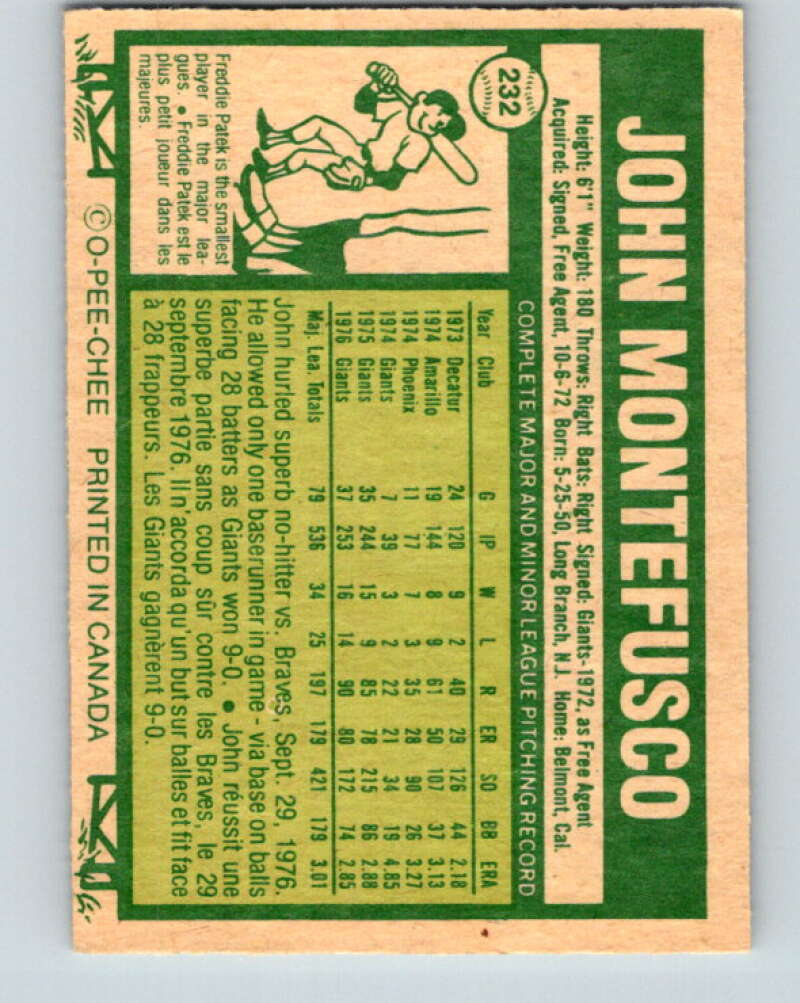 1977 O-Pee-Chee #232 John Montefusco  San Francisco Giants  V29300